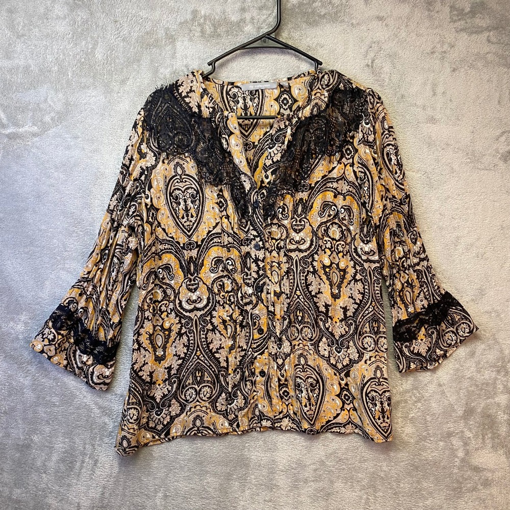 NY Collection Women Large Paisley Lace Trim Button Up Blouse Yellow Black L